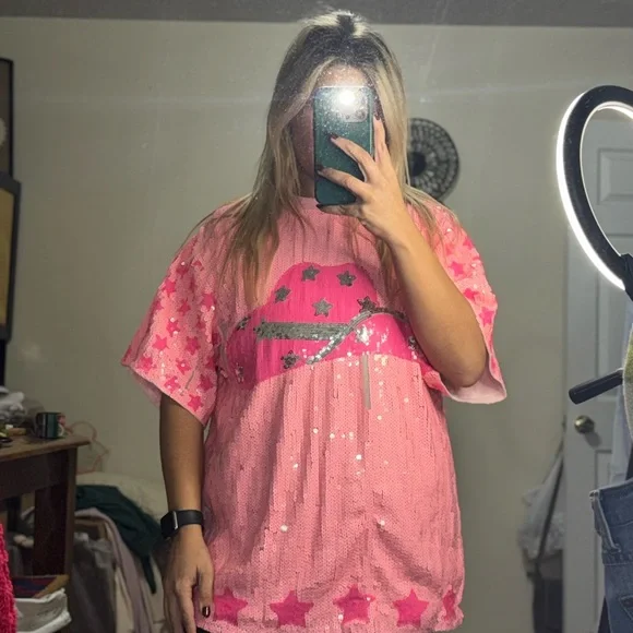 Pink Cowgirl Sequin T-Shirt - Picture 1 of 9